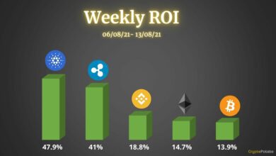 Bitcoin,Ethereum,Ripple,Cardano undBinance Münze.