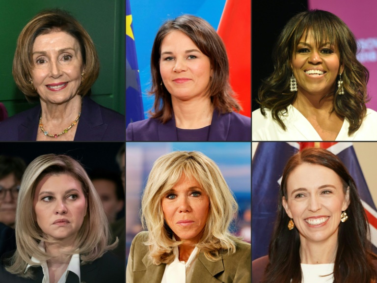 (Im Uhrzeigersinn von oben links) Ex-US-Repräsentantenhaussprecherin Nancy Pelosi, deutsche Außenministerin Annalena Baerbock, Ex-US-First Lady Michelle Obama, Ex-Neuseeland-Premierministerin Jacinda Ardern, französische First Lady Brigitte Macron und ukrainische First Lady Olena Zelenska