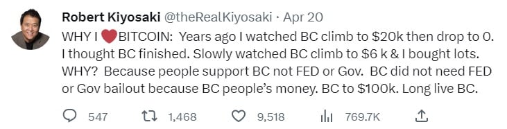 Rich Dad Poor Dad Autor Robert Kiyosaki teilt mit, warum er Bitcoin liebt – erwartet, dass BTC 100.000 $ erreicht