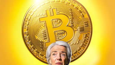 Christine_Lagarde_unhappy_from_a_big_Bitcoin_coin.