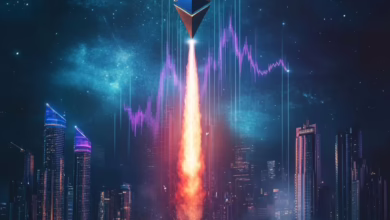 leuchtendes Ethereum-Symbol auf einer abschießenden Rakete