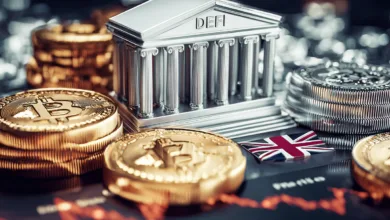 Kryptowährungs-Markttrends: Grafiken von Bitcoin, Diagramme und digitale Geldbörsen im DeFi-Kontext.