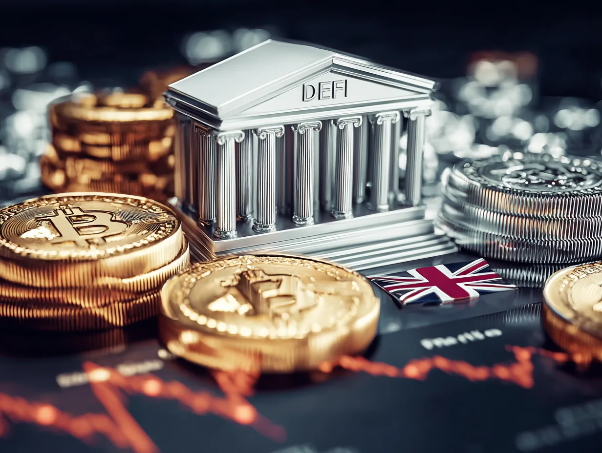 Kryptowährungs-Markttrends: Grafiken von Bitcoin, Diagramme und digitale Geldbörsen im DeFi-Kontext.