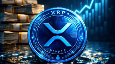 Ein Bild mit XRP-Logos, digitalen Münzen und Blockchain-Symbolen, das die Welt der Kryptowährungen darstellt.