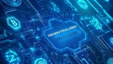 Kryptowährungen und DeFi: Grafiken mit Bitcoin, Blockchain-Symbolen und digitalen Wallets auf dynamischem Hintergrund.