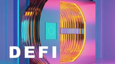 Kryptowährungen und DeFi: Grafiken von digitalen Coins, Diagrammen und Blockchain-Technologie in einem futuristischen Design.