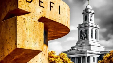 Krypto-Investitionen: Grafik mit digitalen Münzen, Blockchain-Symbolen und Diagrammen, die Preistrends darstellen.