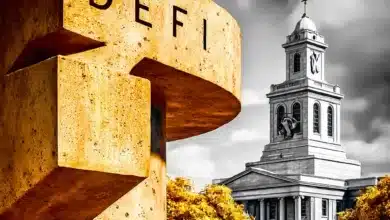 DeFi-Krypto-Bild zeigt digitale Währungen, Blockchain-Symbole, Charts und innovative Technologien im Finanzsektor.