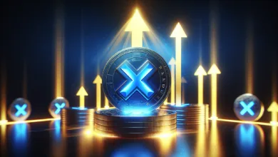 XRP und Krypto: Grafiken von digitalen Münzen, Charts und Technologien in einem futuristischen Design.
