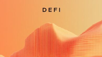 DeFi-Krypto-Illustration: Digitale Münzen, Diagramme und futuristische Technologie in einem dynamischen Finanzumfeld.