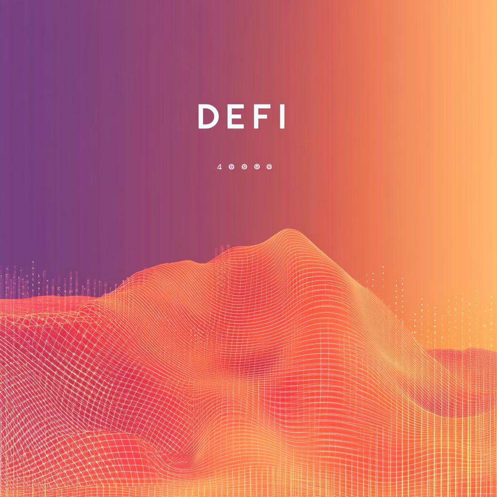 Krypto-Grafik mit digitalen Münzen, Diagrammen und Blockchain-Elementen, die die DeFi-Revolution widerspiegeln.