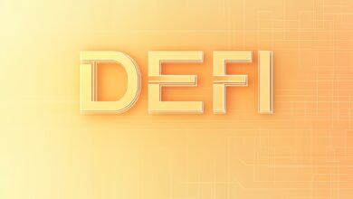 Krypto- und DeFi-Grafik mit Diagrammen, Münzen und symbolischen Bildern von Blockchain-Technologie.