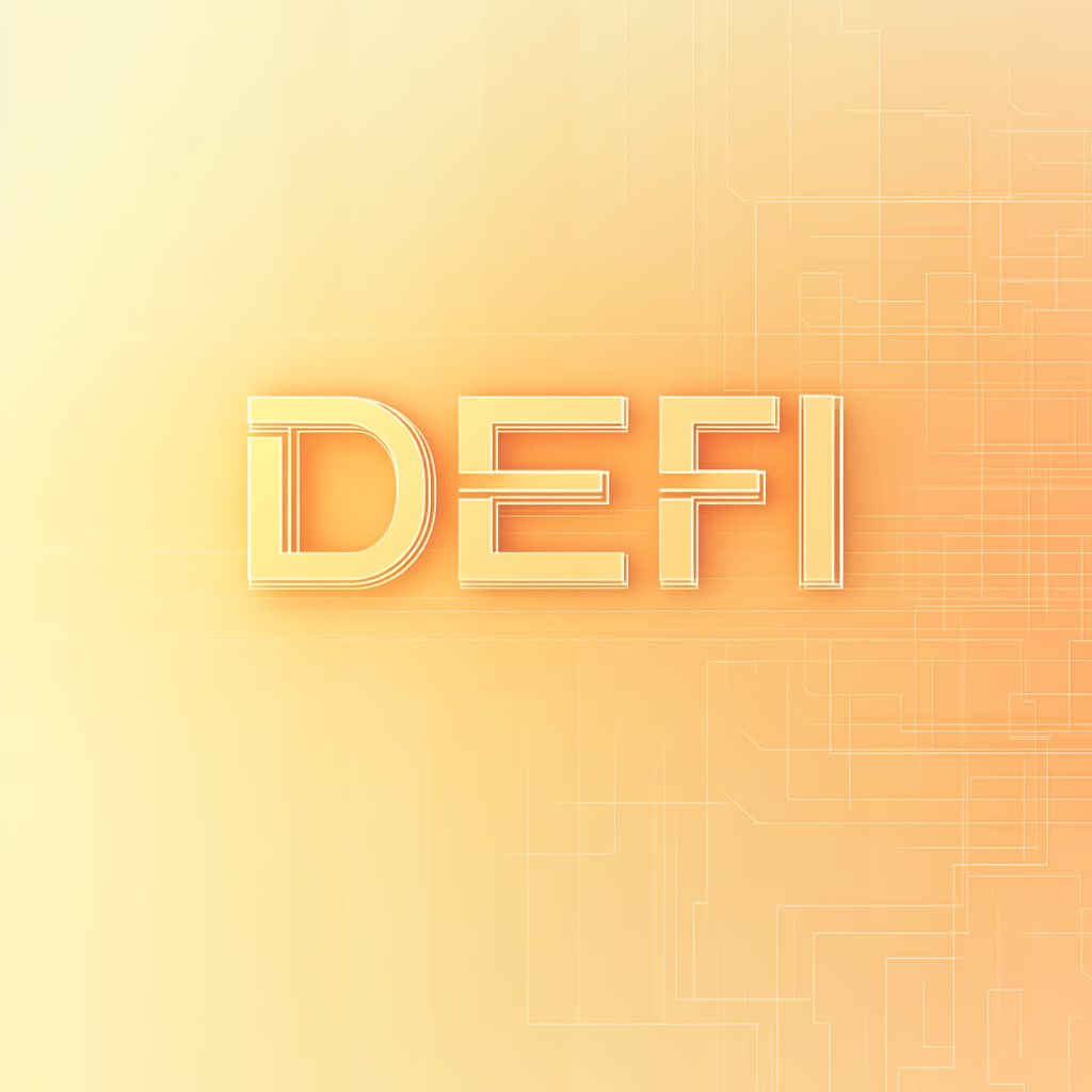 Krypto- und DeFi-Grafik mit Diagrammen, Münzen und symbolischen Bildern von Blockchain-Technologie.