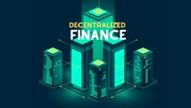 Kryptowährungen im Fokus: Grafik mit Diagrammen, Münzen und digitalen Wallets, die die DeFi-Welt veranschaulicht.