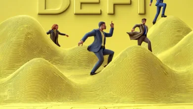 DeFi-Krypto-Illustration: digitale Münzen, Blockchain-Symbole und Netzwerkelemente auf blauem Hintergrund.