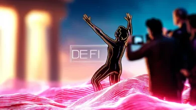 Krypto-Welt: Grafiken von Diagrammen, Münzen und digitalen Wallets, die den DeFi-Trend visualisieren.