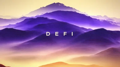 Krypto-Thema mit Diagrammen, Münzen und digitalen Wallets – DeFi Wachstum und Trends visualisiert.