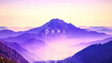 Kryptowährung und DeFi: Abstrakte Grafiken von Blockchain, digitalen Münzen und Finanzdiagrammen in einem modernen Design.