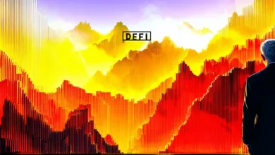 Krypto-Welt: Grafik mit digitalen Münzen, Blockchain-Symbolen und Diagrammen, die den DeFi-Markt darstellen.