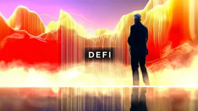 Alt-Text: Eine futuristische Darstellung von DeFi-Kryptowährungen, mit digitalen Münzen und Blockchain-Symbolen auf einem grafischen Hintergrund.