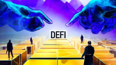 Krypto- und DeFi-Themenbild mit Diagrammen, Coins, Blockchain-Symbolen und digitalen Wallets, die Innovation und Wachstum darstellen.