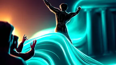 Krypto-Thema: Grafiken von Blockchain-Netzwerken, digitalen Münzen und DeFi-Symbolen in einem futuristischen Design.