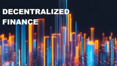 Kryptowährungen: Grafik mit digitalen Münzen, Blockchain-Symbolen und Charts, die Marktbewegungen darstellen.