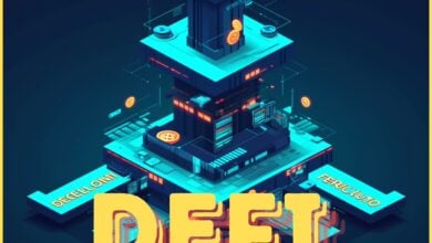 DeFi-Krypto-Grafik mit Symbolen, Diagrammen und digitalen Münzen, die den Finanzwandel darstellen.