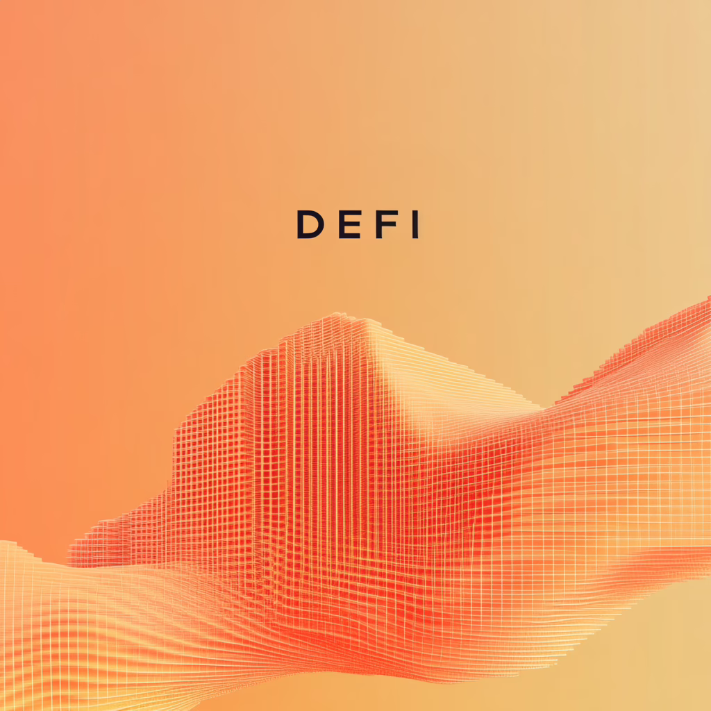 Krypto-Visualisierung mit Münzen, Charts und Blockchain-Symbolen, die das DeFi-Thema verkörpern.