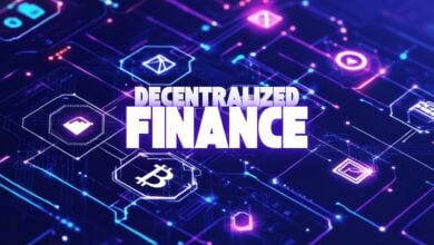 Ein futuristisches Bild von Kryptowährungen, Blockchain und Finanzdiagrammen im DeFi-Kontext.