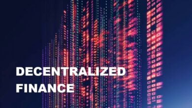 Krypto-Welt: Grafik mit digitalen Münzen, Blockchain-Symbolen und einem Diagramm für DeFi-Trends.