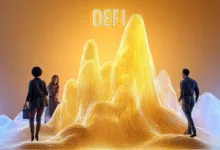 Kryptowährungen und DeFi: Grafik mit digitalen Münzen, Diagrammen und futuristischen Finanzsymbolen.