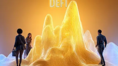 Kryptowährungen und DeFi: Grafik mit digitalen Münzen, Diagrammen und futuristischen Finanzsymbolen.