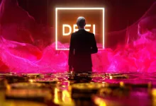 Kryptowährungen im DeFi-Bereich: Stilvolle Grafiken von digitalen Münzen und Blockchain-Netzwerken.