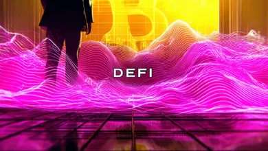 Krypto-Illustration mit Blockchain-Elementen, digitalen Währungen und Grafiken zur DeFi-Welt.