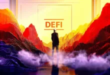 Krypto-Graphen, digitale Währungen und Blockchain-Symbole, die DeFi-Innovationen und Finanztransformation darstellen.