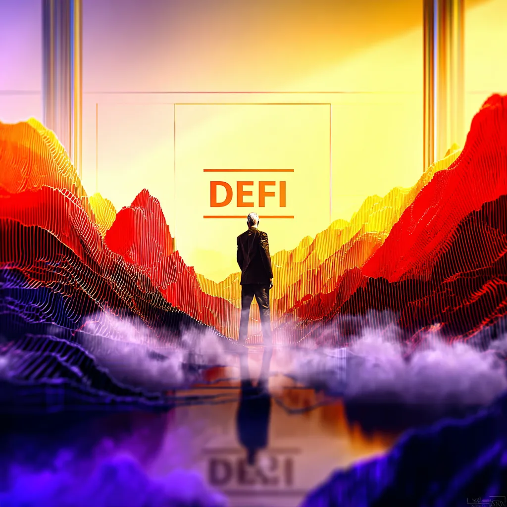 Krypto-Graphen, digitale Währungen und Blockchain-Symbole, die DeFi-Innovationen und Finanztransformation darstellen.