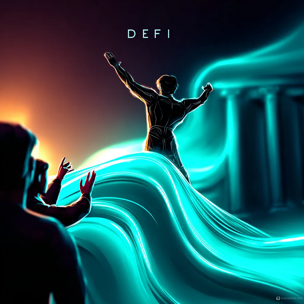 Krypto-Welt: Eine Grafik mit Diagrammen, Münzen und Blockchain-Symbolen, die DeFi-Technologien und Innovation darstellt.