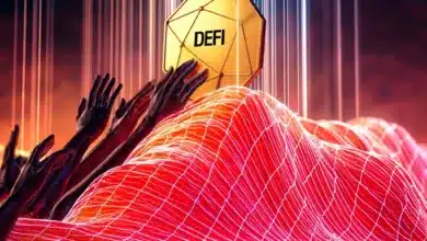 Krypto-Icons und Diagramme in einer digitalen Geldwelt, die DeFi-Trends und Finanzinnovation verdeutlichen.