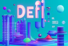 Kryptowährungen und DeFi: Ein futuristisches Bild von Blockchain-Technologie, Münzen und digitalen Wallets.