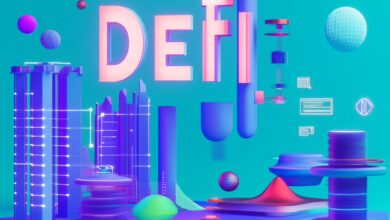 Kryptowährungen und DeFi: Ein futuristisches Bild von Blockchain-Technologie, Münzen und digitalen Wallets.