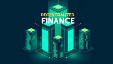 Kryptowährungen und DeFi: Abstrakte Grafiken von digitalen Münzen und Blockchain-Technologie mit Finanzdiagrammen.