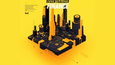 Krypto-Symbole und Diagramme, die den DeFi-Markt darstellen, mit einem dynamischen, futuristischen Hintergrund.