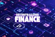 Dezentralisierte Finanzen: Verschiedene Kryptowährungen, Diagramme und Blockchain-Symbole vor futuristischem Hintergrund.