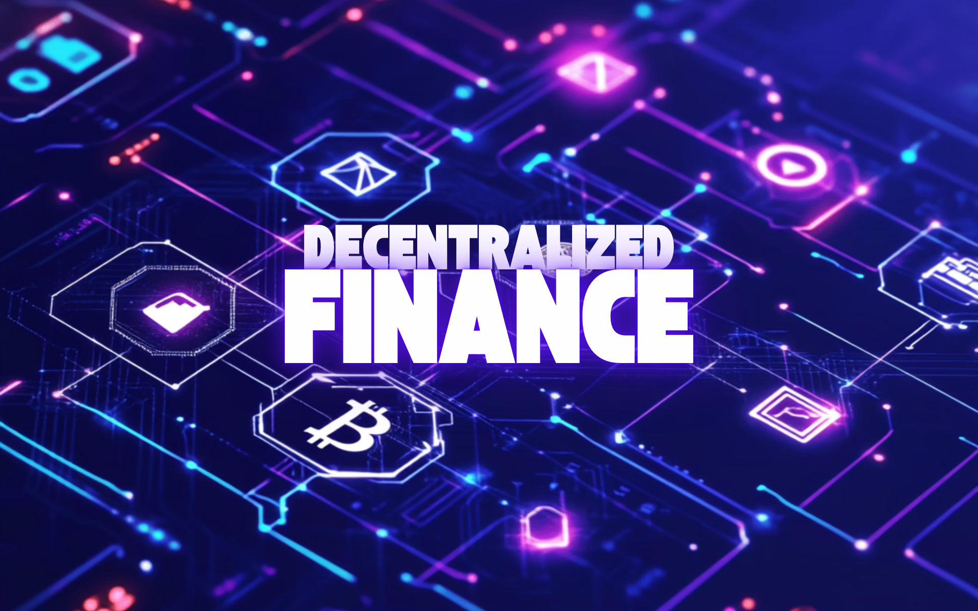 Dezentralisierte Finanzen: Verschiedene Kryptowährungen, Diagramme und Blockchain-Symbole vor futuristischem Hintergrund.