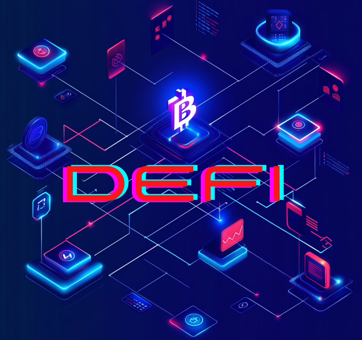 Kryptowährungen und DeFi: Grafik mit Diagrammen, Münzen und digitalen Wallets, die Wachstum und Innovation zeigen.