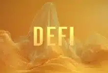 Kryptowährungen im DeFi-Bereich: Grafik mit Münzen, Diagrammen und Blockchain-Elementen, die digitale Finanztransaktionen darstellen.