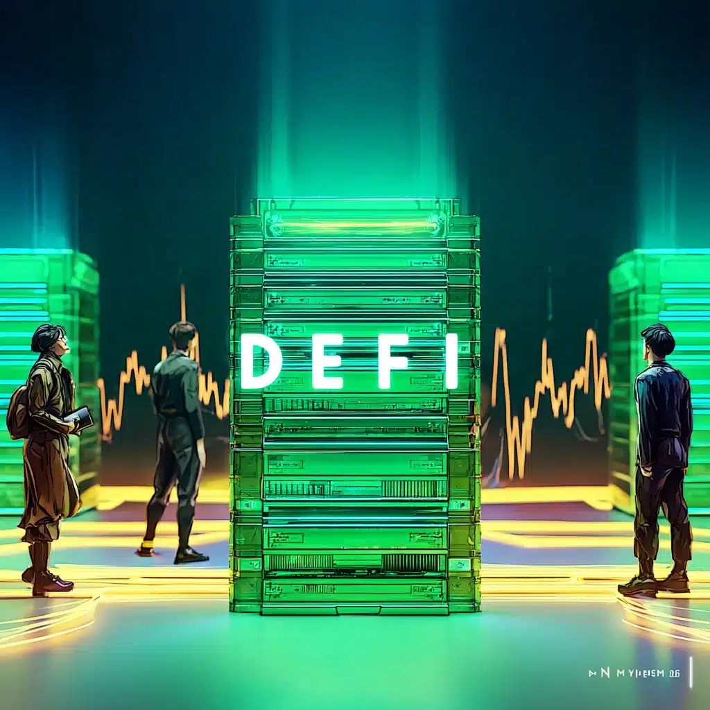 Krypto-Visualisierung: Grafiken von Coins, Diagrammen und digitalen Wallets, die den DeFi-Markt symbolisieren.