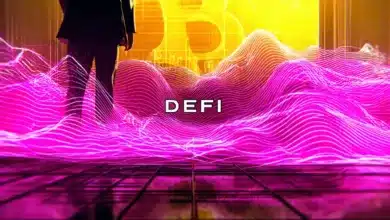 Krypto-Welt: Grafik mit digitalen Münzen, Blockchain-Symbolen und Diagrammen für DeFi-Trends und -Analysen.