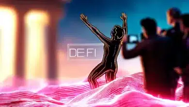 DeFi-Illustration: Grafik mit Kryptowährungen, Smart Contracts und Blockchain-Elementen, die digitale Finanzinnovationen symbolisieren.